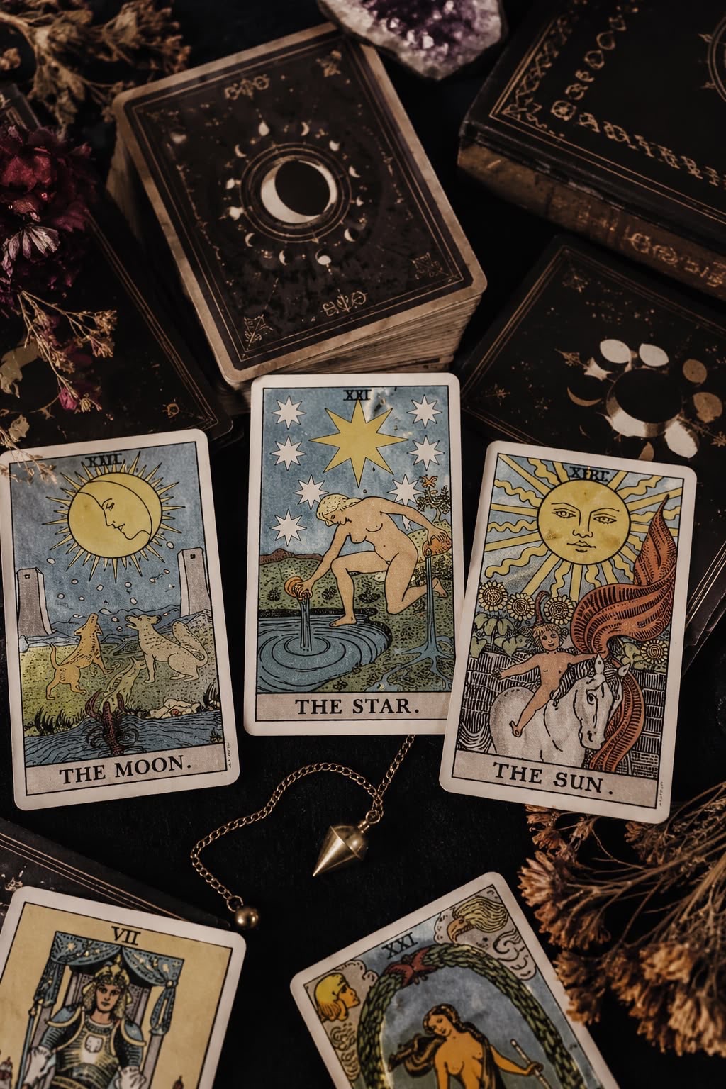 The Moon, The Star, and The Sun tarot cards